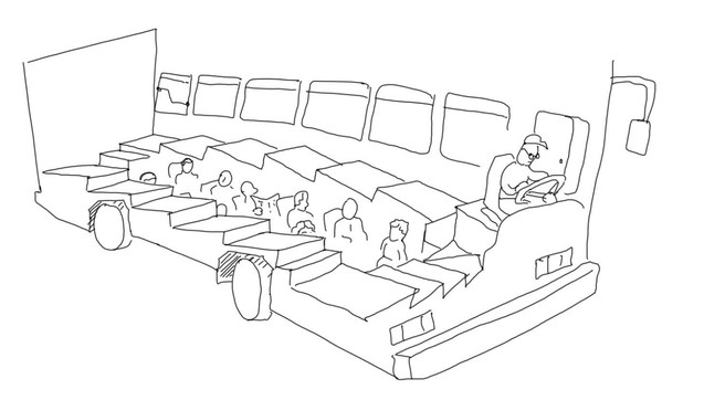 bus cartoon with an impossible ever-descending staircase