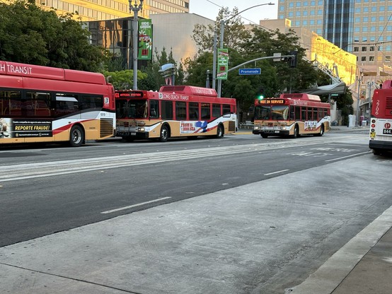 several Long beach Transit buses in the transit mall