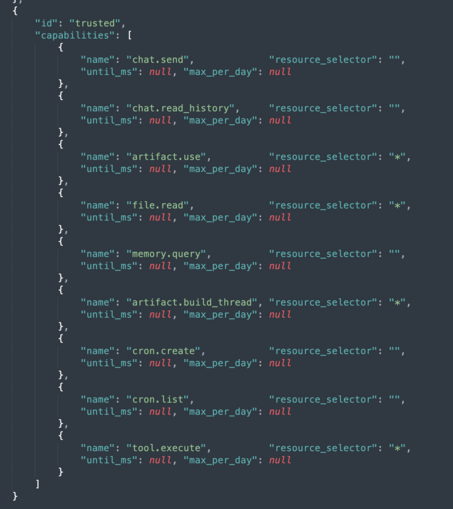 "id": "trusted",
            "capabilities": [
                {
                    "name": "chat.send",             "resource_selector": "",
                    "until_ms": null, "max_per_day": null
                },
                {
                    "name": "chat.read_history",     "resource_selector": "",
                    "until_ms": null, "max_per_day": null
                },
                {
                    "name": "artifact.use",          "resource_selector": "*",
                    "until_ms": null, "max_per_day": null
                },
                {
                    "name": "file.read",             "resource_selector": "*",
                    "until_ms": null, "max_per_day": null
                },
                {
                    "name": "memory.query",          "resource_selector": "",
                    "until_ms": null, "max_per_day": null
                },
                {
                    "name": "artifact.build_thread", "resource_selector": "*",
                    "until_ms": null, "max_per_day": null
                },
                {
                    "name": "cron.create",           "resource_selector": "",
                    "until_ms": null, "max_per_day": null
                },
                {
                    "name": "cron.list",             "resource_selector": "",
                    "until_ms": null, "max_per_day": null
                },
                {
                    "name": "tool.execute",     